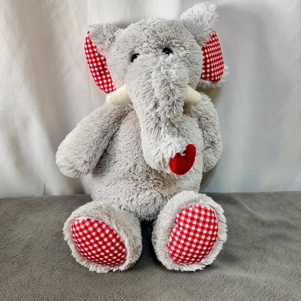 Valentine's Day Elephant Plush Stuffed Pier 1 Hearts Trunk Red White Gingham 15"